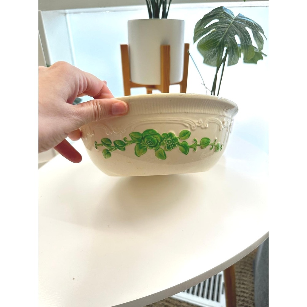 Hall China Oven Serve Bowl – 1930s Embossed Cream Mixing Bowl with Green Florals